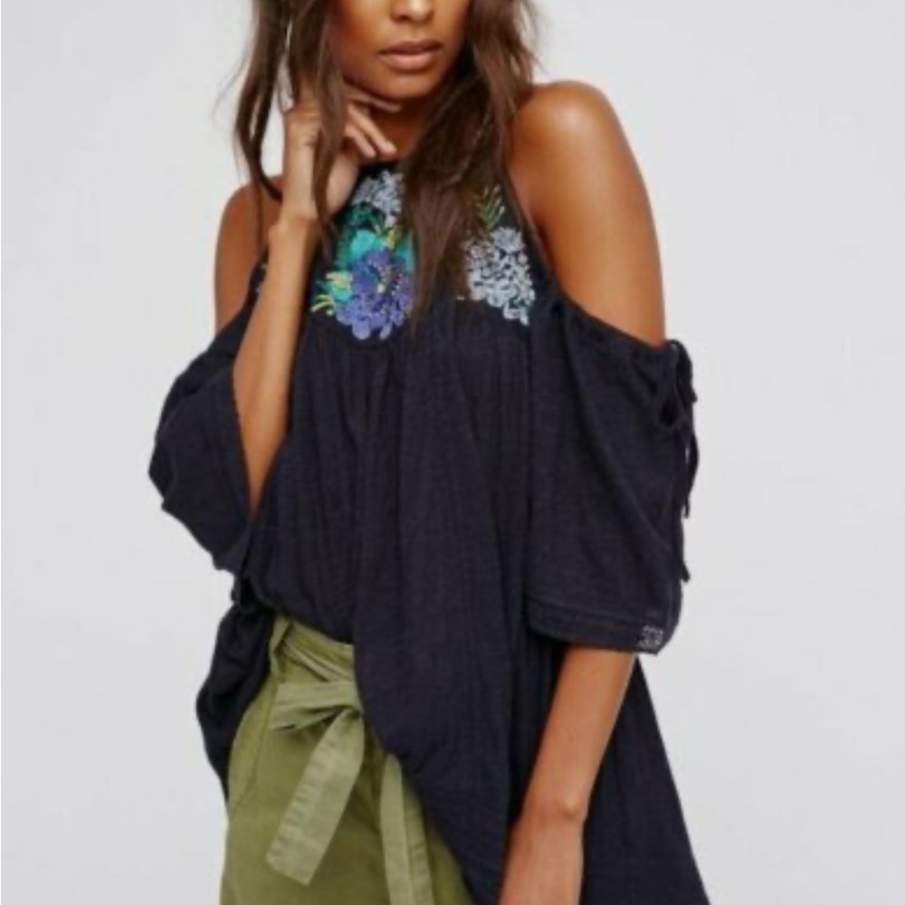Free People Women’s Fast Times Navy Too with Floral Embroidery and Beading - Picture 3 of 15